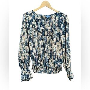 Democracy Shirt Top Abstract Print Ruffle sleeve Sheer sz. XS